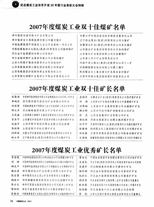 2007年度煤炭工业双十佳煤矿名单