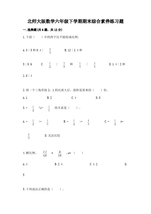 北师大版数学六年级下学期期末综合素养练习题及答案【基础+提升】