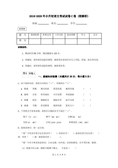 2019-2020年小升初语文考试试卷C卷 (附解析)