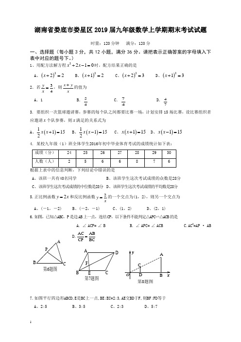 2019-2020学年湖南省娄底市娄星区九年级数学上学期期末考试试题新人教版【新编版】