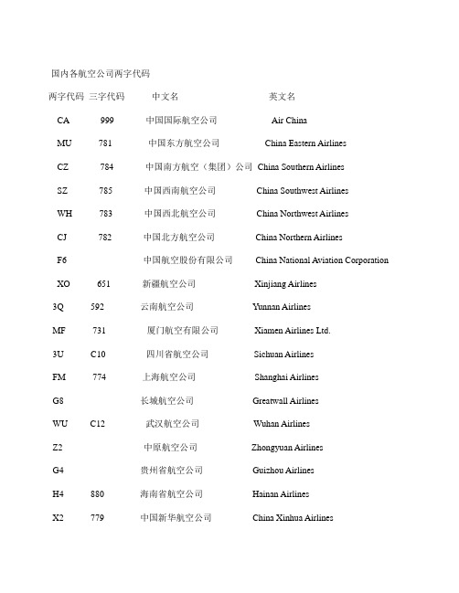 国内航空公司两字代码