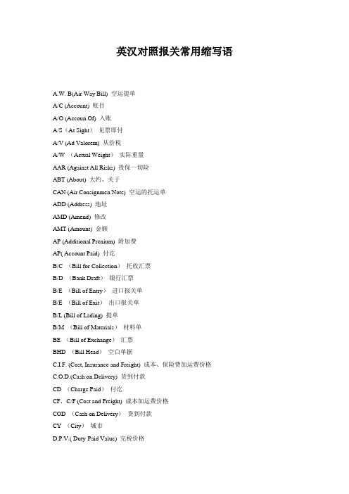 英汉对照报关常用缩写语