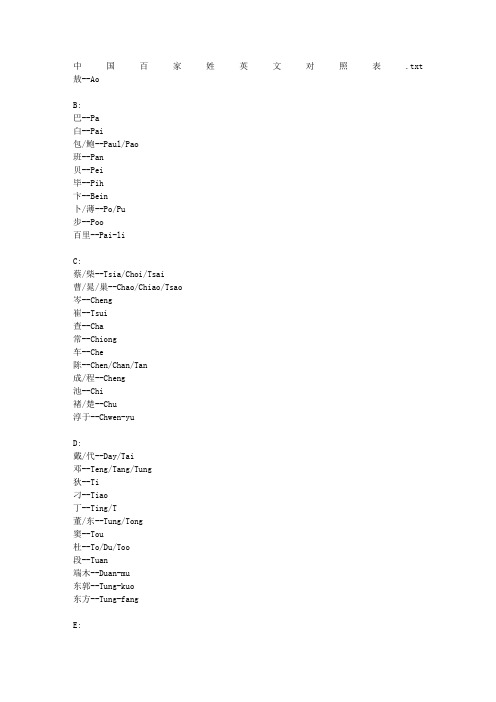 中国百家姓英文对照表