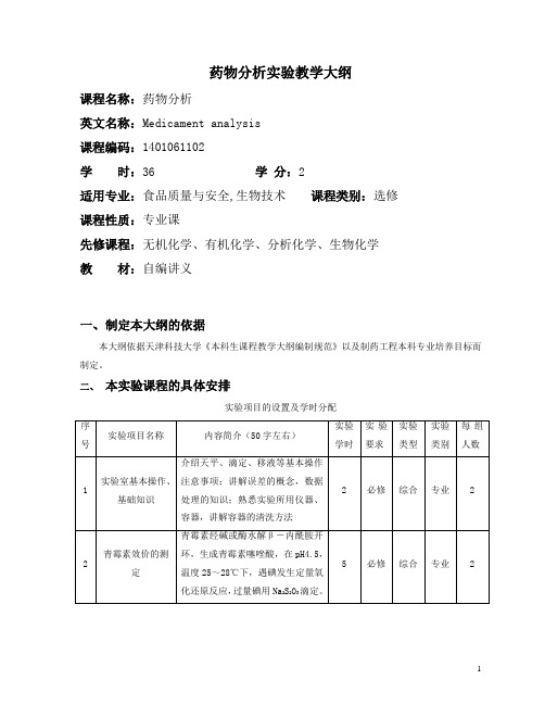 《药物分析》实验教学大纲(食品质量与安全、生物技术专业)