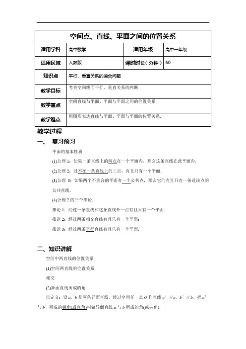 空间点、直线、平面之间的位置关系(教案)