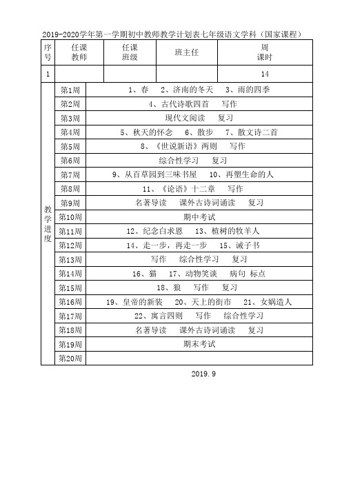 2019-2020年度第一学期七上语文教学进度计划表