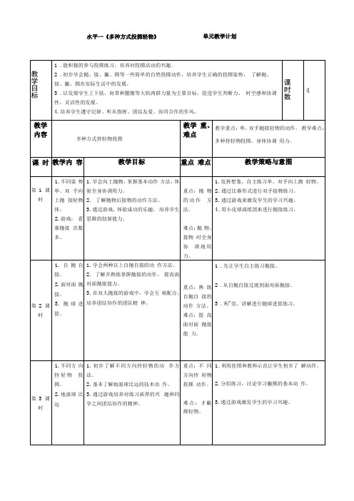 水平一多种方式投掷轻物单元教学计划