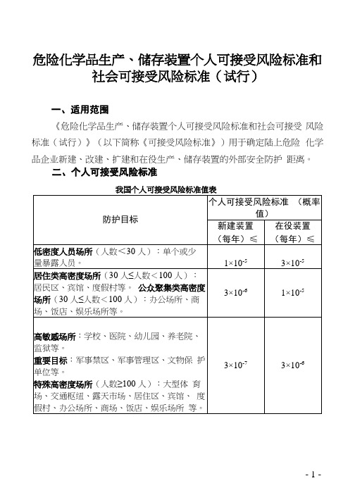 危险化学品生产、储存装置个人可接受风险标准和社会可接受风险标准(试行)