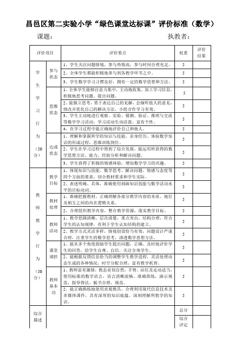 二实验小学数学绿色课堂评价表