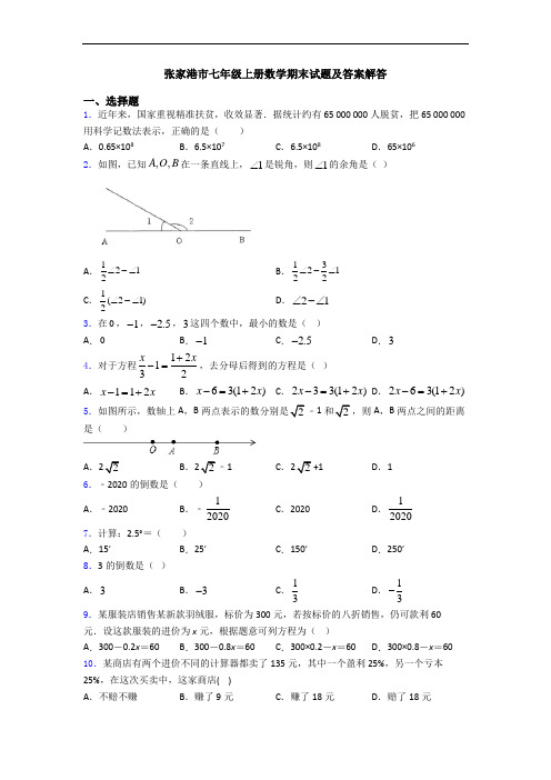 张家港市七年级上册数学期末试题及答案解答