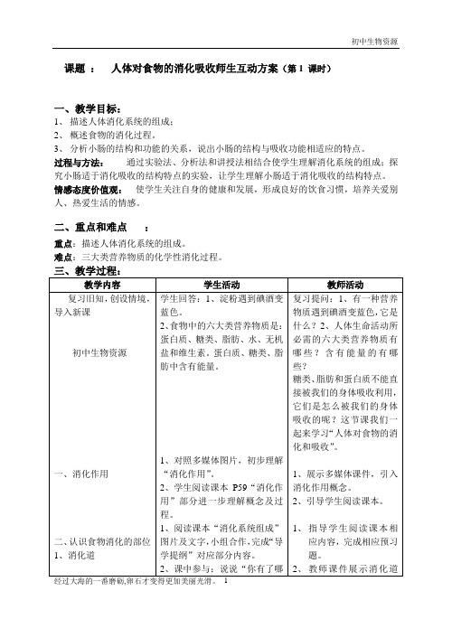 苏科版生物七年级上册 3.5.4 人体对食物的消化和吸收 教案 