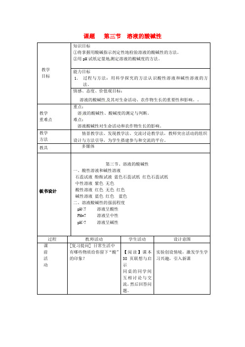 山东省莱州市沙河镇九年级化学全册第二单元常见的酸和碱第三节溶液的酸碱性教案鲁教版五四制05231126