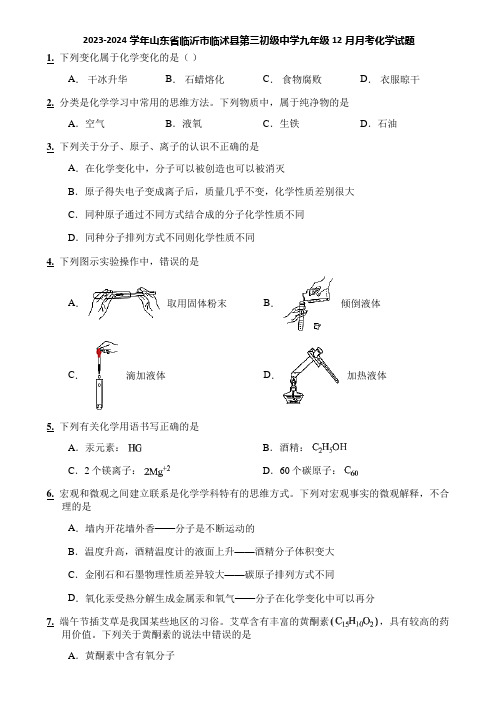 2023-2024学年山东省临沂市临沭县第三初级中学九年级12月月考化学试题