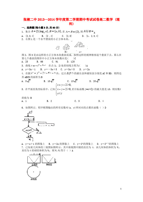 甘肃省张掖市张掖二中2013-2014学年高二数学下学期期中试题 理(无答案)新人教B版