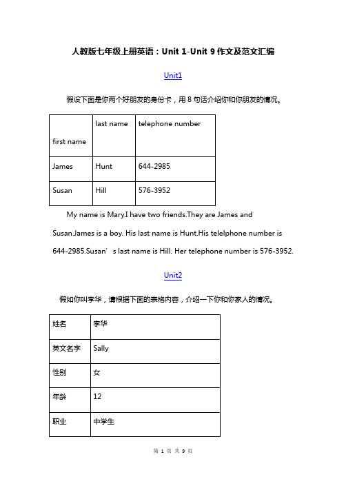 人教版七年级上册英语:Unit 1-Unit 9作文及范文汇编