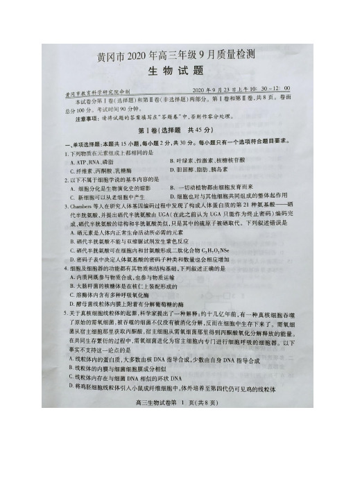 湖北省黄冈市2021届高三9月质量检测生物试题及答案