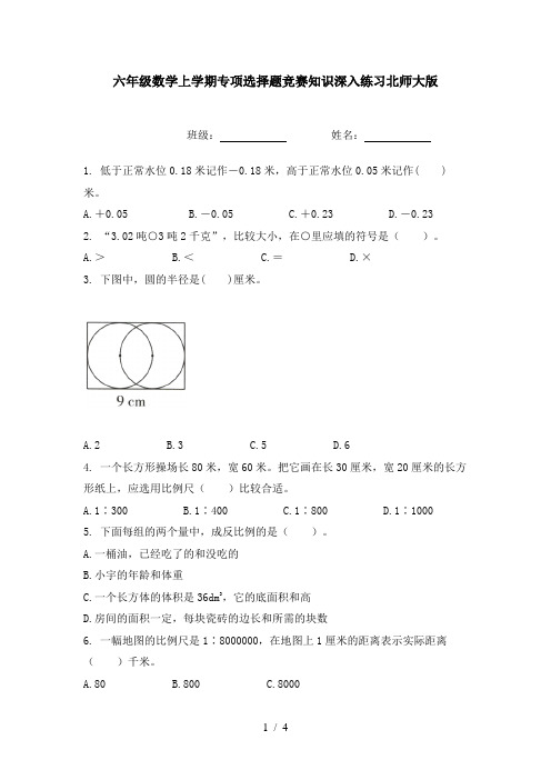 六年级数学上学期专项选择题竞赛知识深入练习北师大版