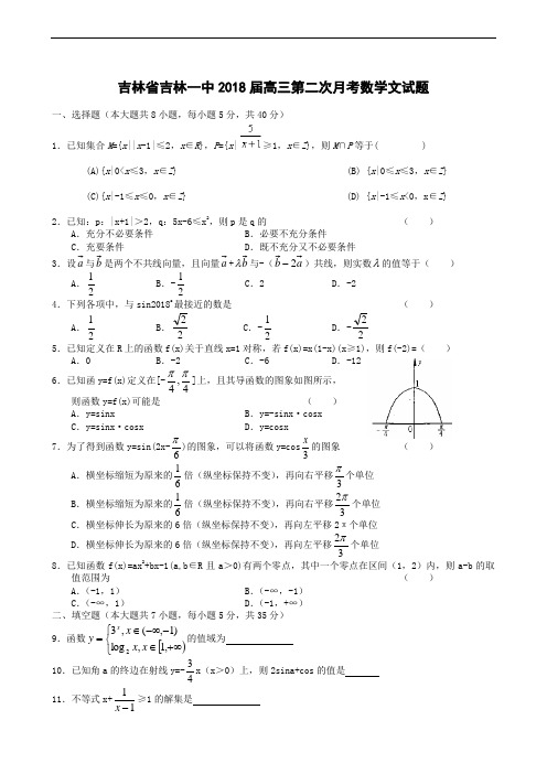 2018年最新 吉林省吉林一中2018届高三第二次月考数学文 精品