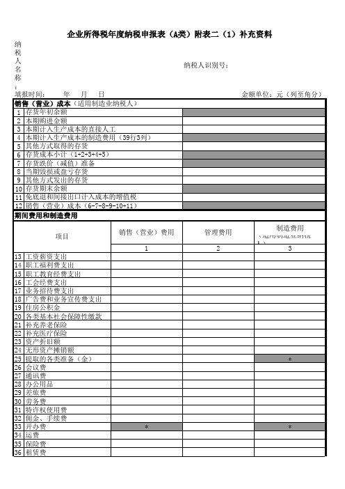 企业所得税年度纳税申报表(A类)附表二(1)补充资料