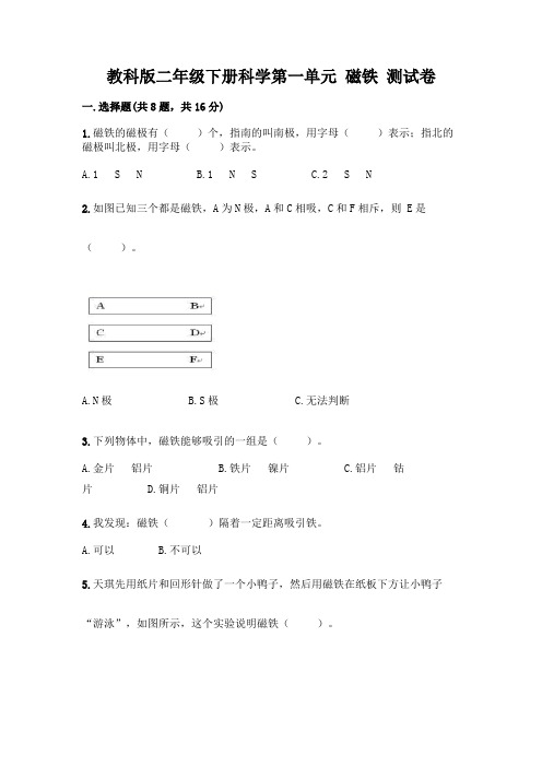 教科版二年级下册科学第一单元 磁铁 测试卷及参考答案(考试直接用)