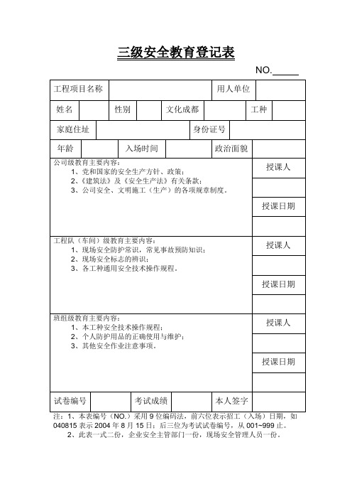 三级安全教育登记表