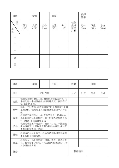 小组合作学习评价表