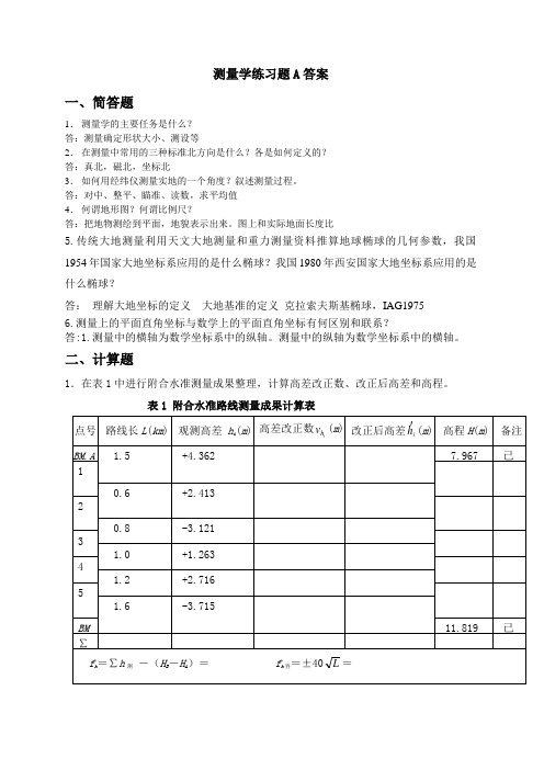 吉林大学远程教育学院2013年测量学练习题A答案2