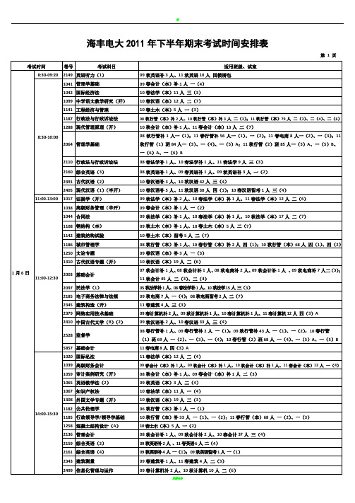 海丰电大2011年下半年期末考试时间安排表