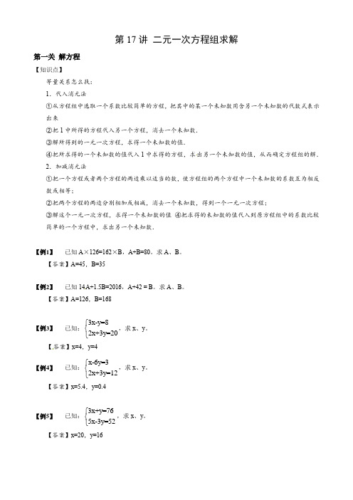 【完整版】2024小升初专项训练二元一次方程组求解练习及答案解析