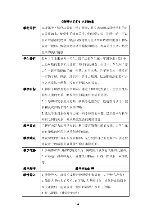 人美版小学四年级美术上册《我设计的船》名师教案