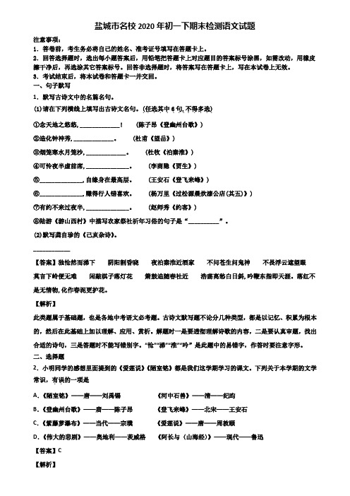 盐城市名校2020年初一下期末检测语文试题含解析
