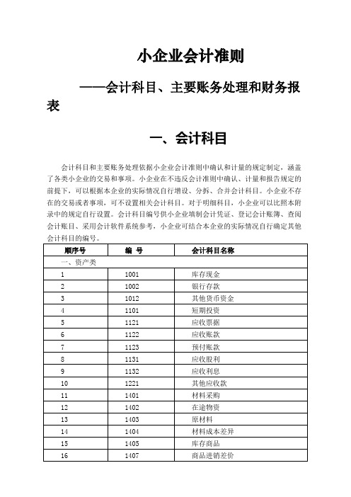 小企业会计准则会计科目表及主要账务处理