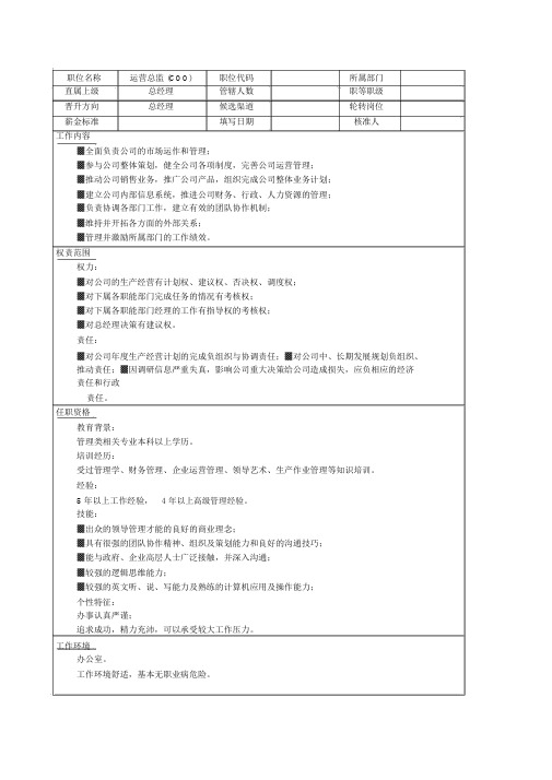 运营总监(COO)岗位说明书