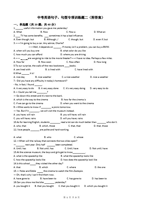 中考英语句子、句型专项训练题二(附答案)