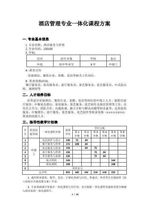 酒店管理专业一体化课程方案