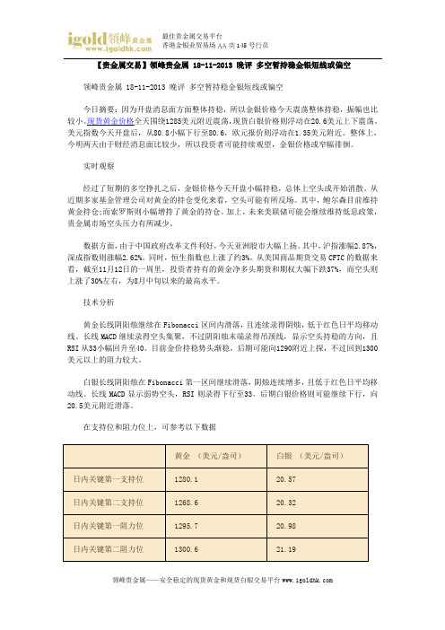 【贵金属交易】领峰贵金属 18-11-2013 晚评 多空暂持稳金银短线或偏空