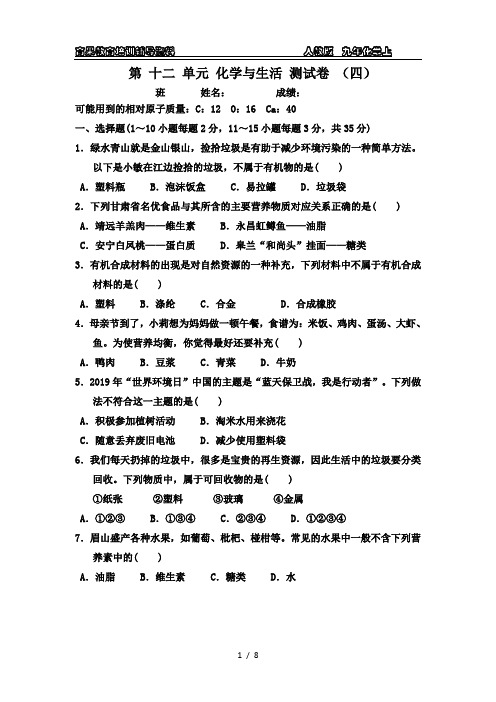 九年化学下第十二单元化学与生活测试卷  (四)附答案与解析