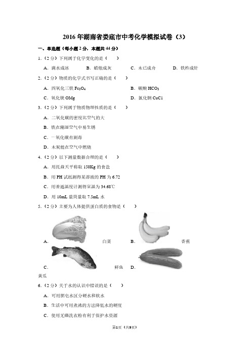 2016年湖南省娄底市中考化学模拟试卷(3)