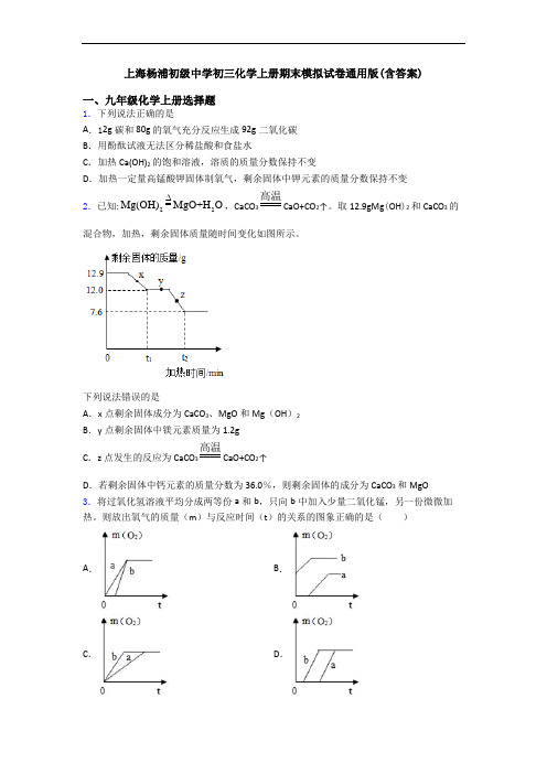 上海杨浦初级中学初三化学初三化学上册期末模拟试卷通用版(含答案)