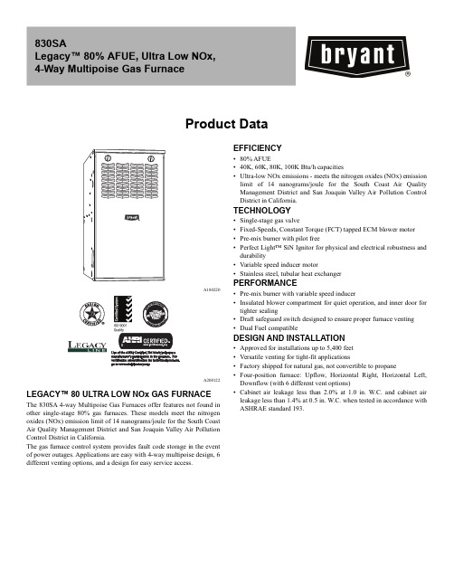 LEGACY 80 ULTRA LOW NOx GAS FURNACE 830SA 4-way Mu