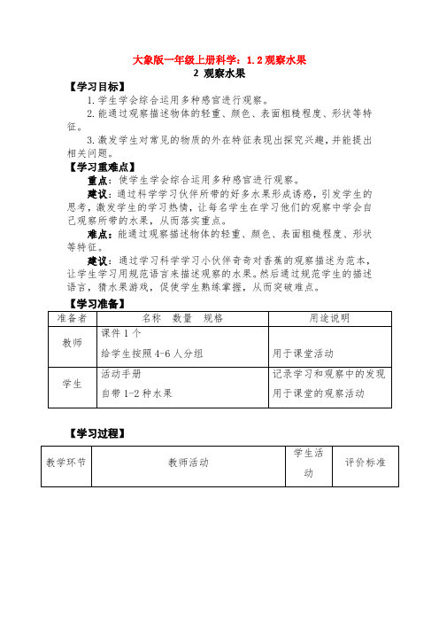 大象版一年级上册科学：1.2观察水果