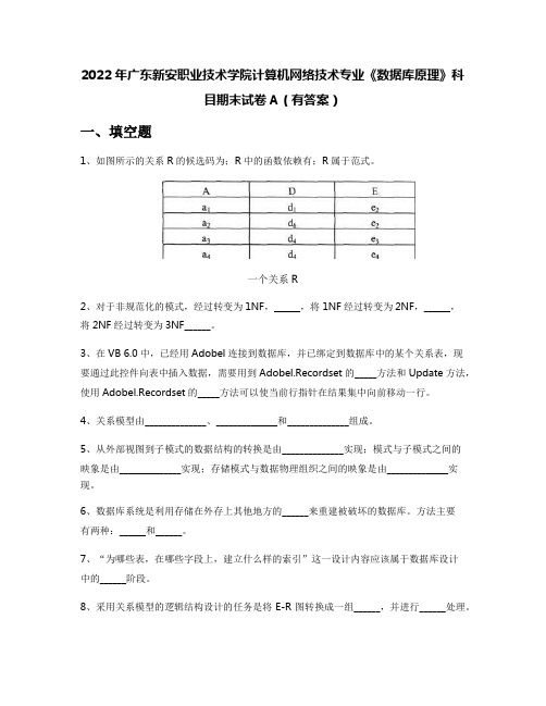 2022年广东新安职业技术学院计算机网络技术专业《数据库原理》科目期末试卷A(有答案)