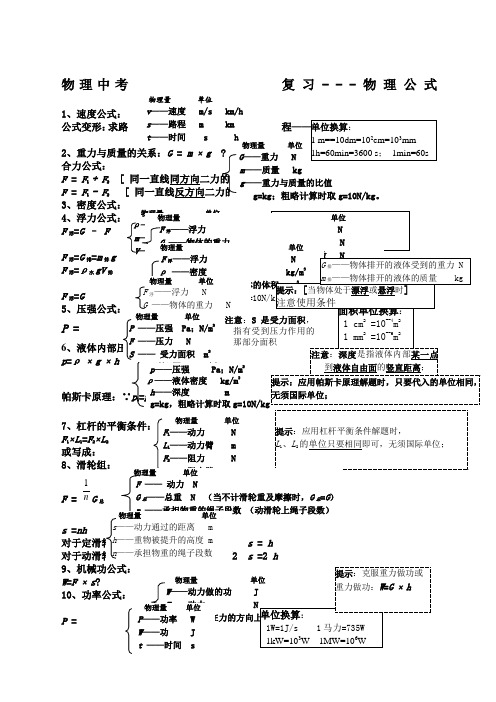 初中物理公式大全中考复习