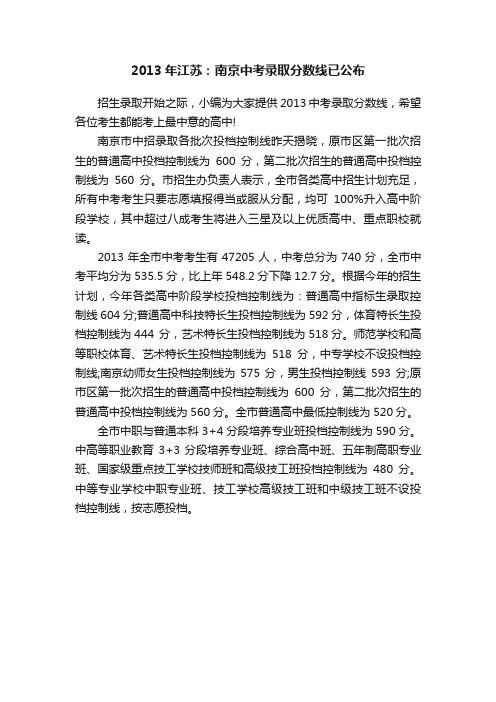 2013年江苏：南京中考录取分数线已公布