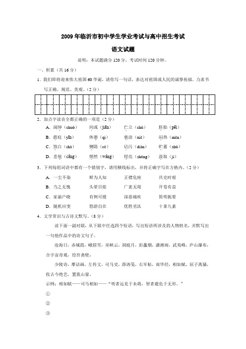 2009年山东省临沂市中考试卷语文试题及参考答案