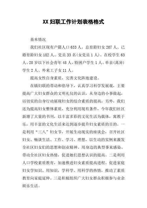 XX妇联工作计划表格格式