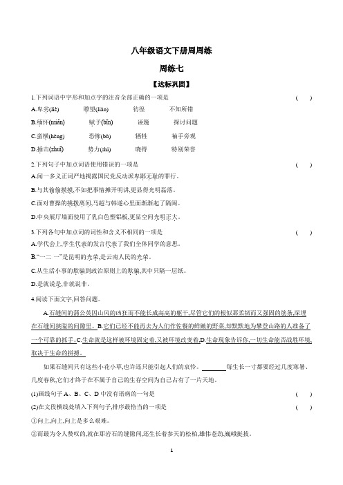 统编版2023-2024学年八年级语文下册周周练 周练七(后附参考答案)