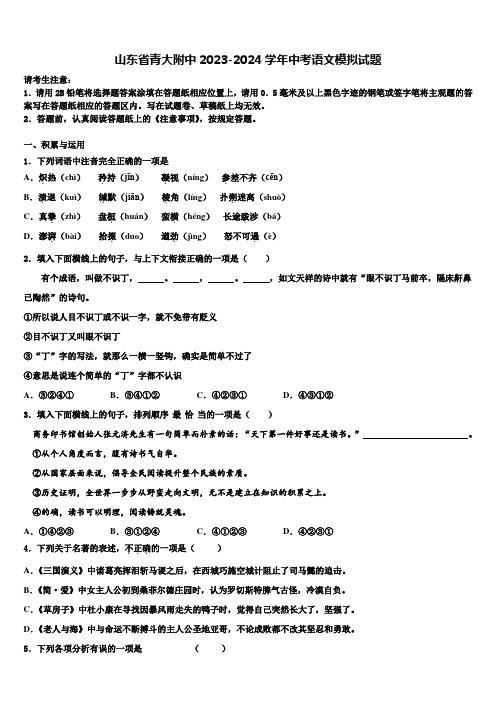 山东省青大附中2023-2024学年中考语文模拟试题含解析