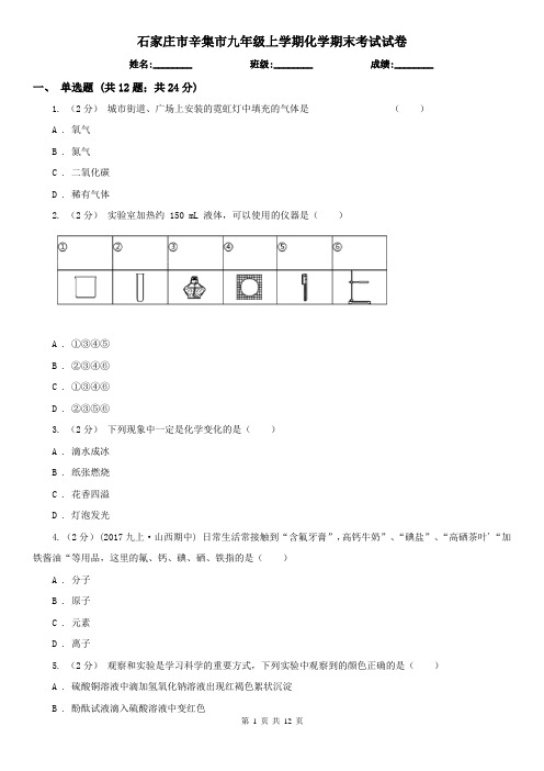 石家庄市辛集市九年级上学期化学期末考试试卷