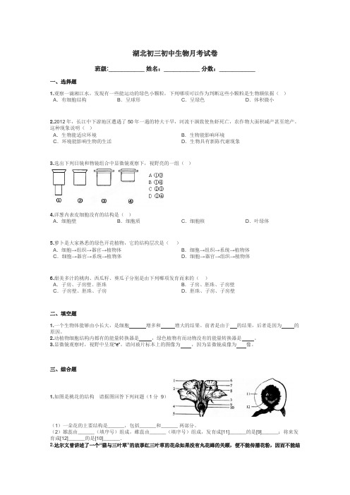 湖北初三初中生物月考试卷带答案解析
